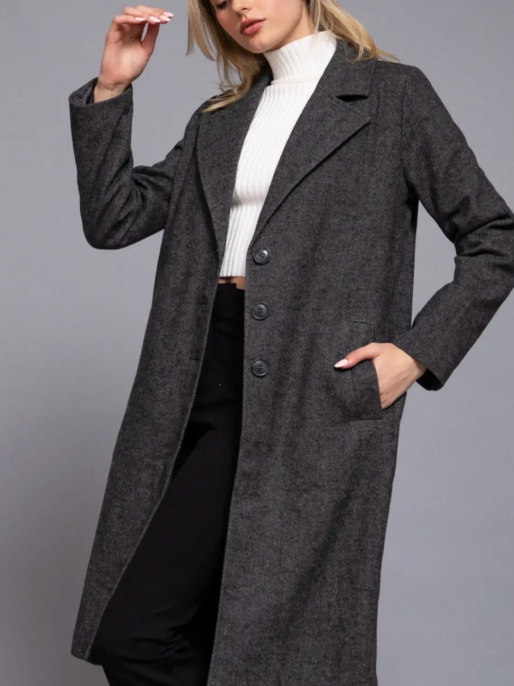 Active USA Charcoal Gray Single-Breasted Trench Coat herringbone